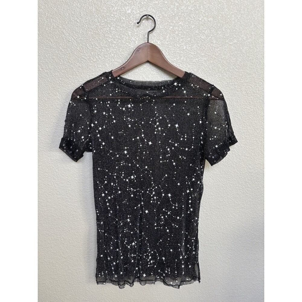 sheer black stars top rave sexy festival stretch short sleeve womens S metallic